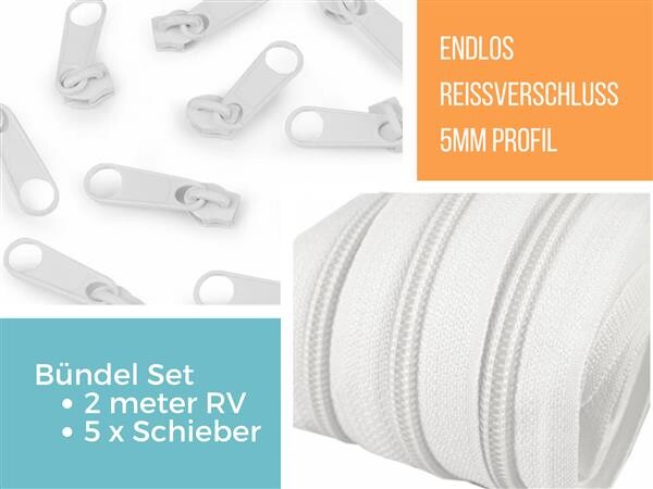 Bündel 2m, 5mm Endlos Reissverschluss Weiss + 5 Schieber