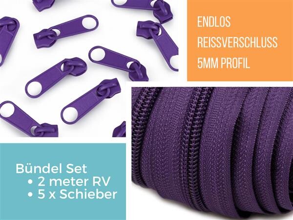 Bündel 2m, 5mm Endlos Reissverschluss Dunkellila + 5 Schieber