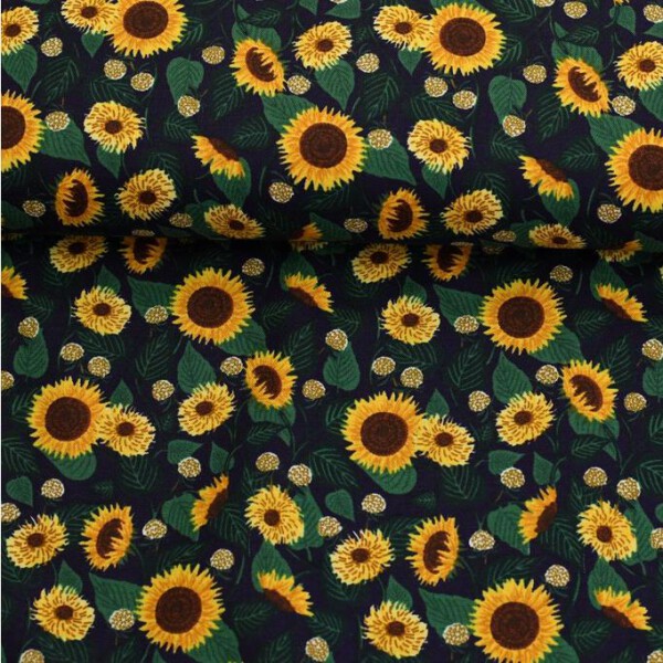 Baumwolle Cotton + Steel, Curio, Sunflower Fields, Sonnenblumen auf Dunkelblau