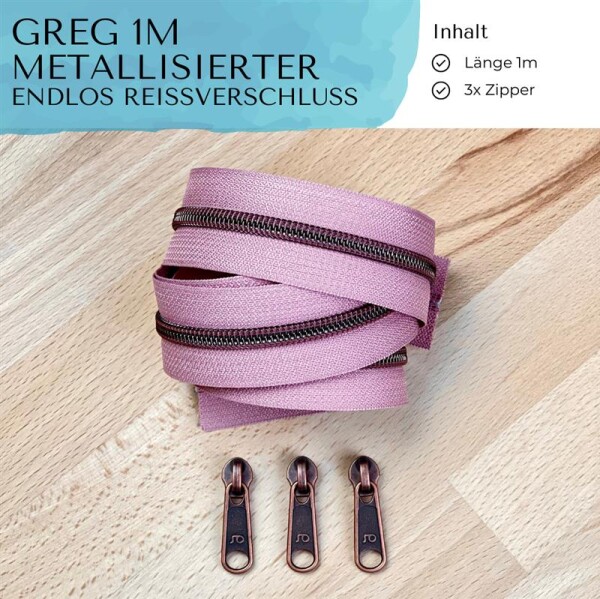 Greg Bündel 1m + 3 Zipper, 5mm Metallisierter Endlos Altrosa - Kupfer Antik