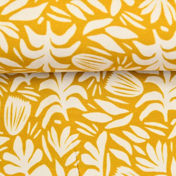 Viskose Crepe Jersey Thea Blätter auf Senf