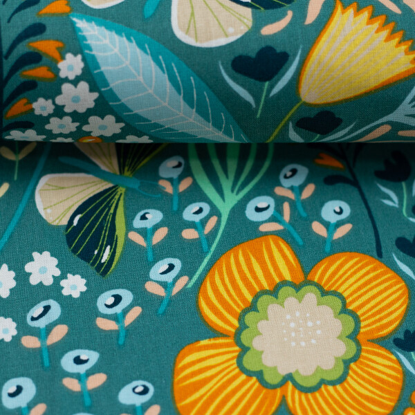 Beschichtete Baumwolle Leona Blumen Petrol