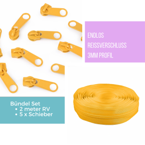 Bündel-Set 2m, 3mm Endlos Reissverschluss Gelb + 5...