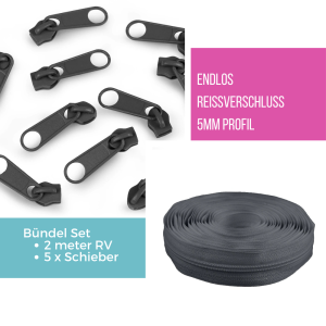 Bündel-Set 2m, 5mm Endlos Reissverschluss Anthrazit...