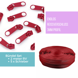 Bündel-Set 2m, 3mm Endlos Reissverschluss Dunkelrot...