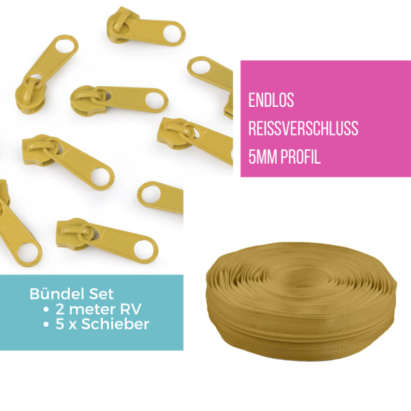 Bündel-Set 2m, 5mm Endlos Reissverschluss Senf + 5 Schieber