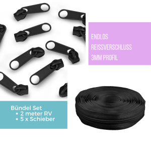 Bündel-Set 2m, 3mm Endlos Reissverschluss Schwarz +...
