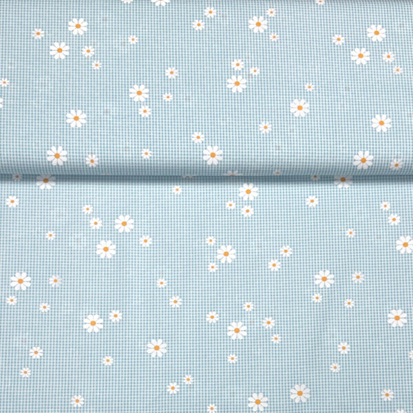 Hilco Webware Baumwolle Karo Margarite Blumen Aqua