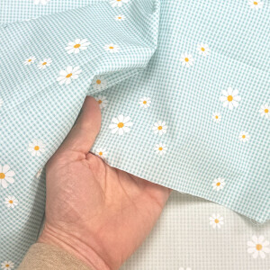 Hilco Webware Baumwolle Karo Margarite Blumen Aqua